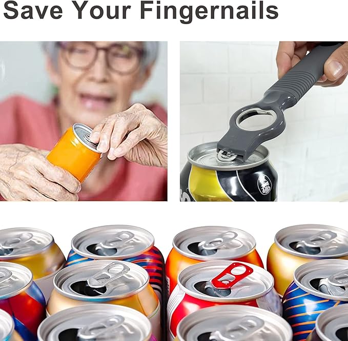 2-Pack Soda Can Opener and Beer Bottle Opener Bartender with Good Grip Silicone Handle, Pop Top Can Tab Opener for Long Nails, Bottle Opener for Arthritic Hand and Seniors, Gray