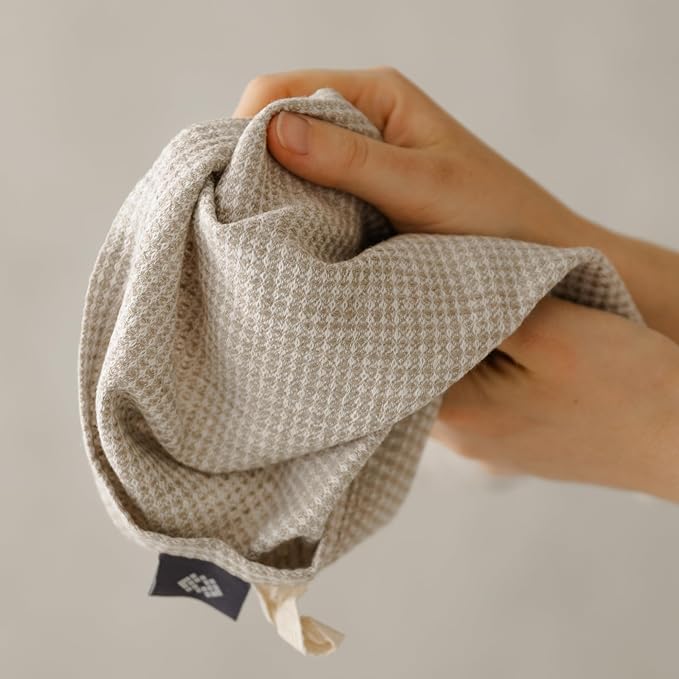 European Flax Linen Kitchen Towels Set of 2 - Handcrafted Stonewashed Waffle Weave Dish Towels, Quick Dry Absorbent Hand Towels for Bathroom & Kitchen
