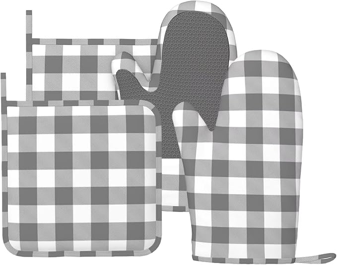 Buffalo Plaid White and Grey Oven Mitts and Pot Holders Set, 4pcs White Grey Plaid Silicone Oven Glove for Kitchen Heat Resistant Oven Mitts and Potholders Non-Slip for Cooking
