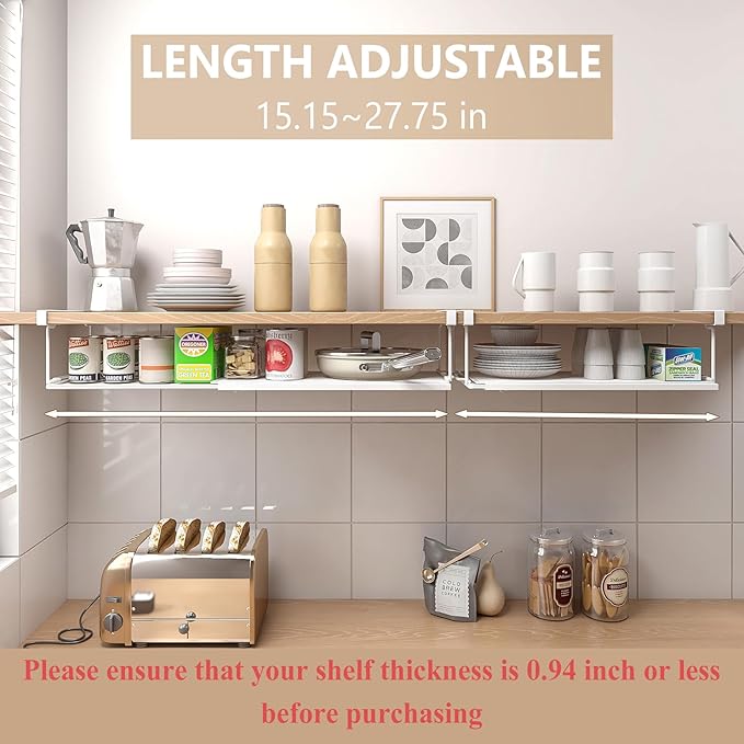 Expandable Under Cabinet Shelf, Extendable Under Shelf Storage with 0.94 Inches Thick Clips for Pantry Cabinet, Laundry Room, Shoe Rack. (White, 2 Pack, Interior: 3.66" H x 8.26" D)