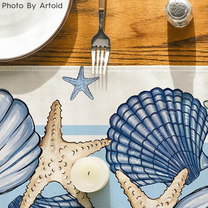 Artoid Mode Sea Shell Starfish Summer Table Runner,Spring Ocean Kitchen Dining Table Decoration for Home Party Decor 13x90 Inch