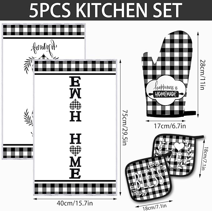 5 Pieces Buffalo Plaid Kitchen Towels Oven Mitts and Pot Holder Set Black and White Kitchen Towels Oven Gloves, Hot Pads Pot Holders for Farm House Accessories Decor(Heart)