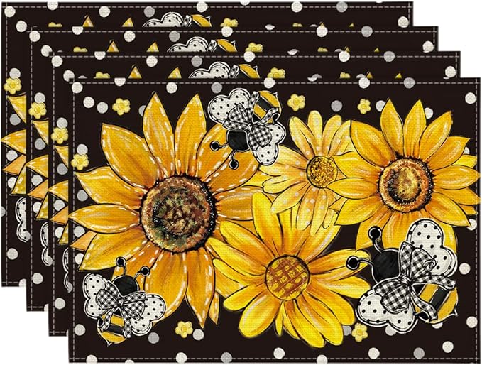 Artoid Mode Black Sunflower Bee Flower Polka Dot Summer Placemats Set of 4, 12x18 Inch Table Mats for Table Runner Party Kitchen Dining Decoration