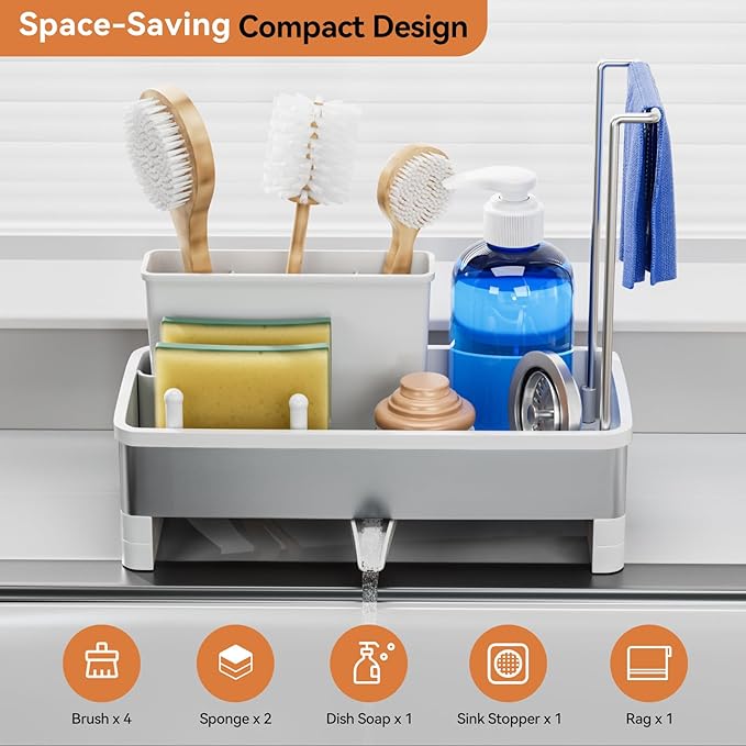 Laveshop Sponge Holder for Kitchen Sink, Rustproof Stainless Steel Sink Caddy with Auto-Drain, Removable Brush Holders, Soap and Dishcloth Organizer, White