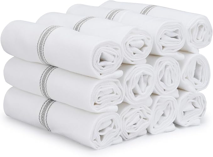 TEXAS LINEN CO. Cotton Kitchen Towels 12 Pack - 15 x 25 Inches - Highly Absorbent Dish Towels for Kitchen Drying, Soft Durable Reusable Quick Dry Tea, Kitchen and Dish Cloths Set - Grey Stripe