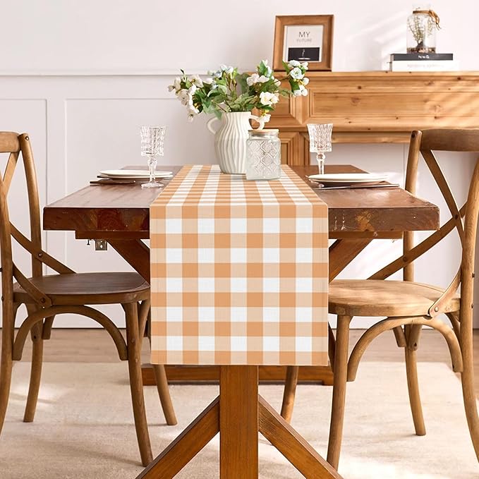 Fall Orange and White Gingham Table Runner Autumn Thanksgiving Plaid Decoration BBQ Picnic Dining Room Home Kitchen Table Decor (Orange, 13" x 72")