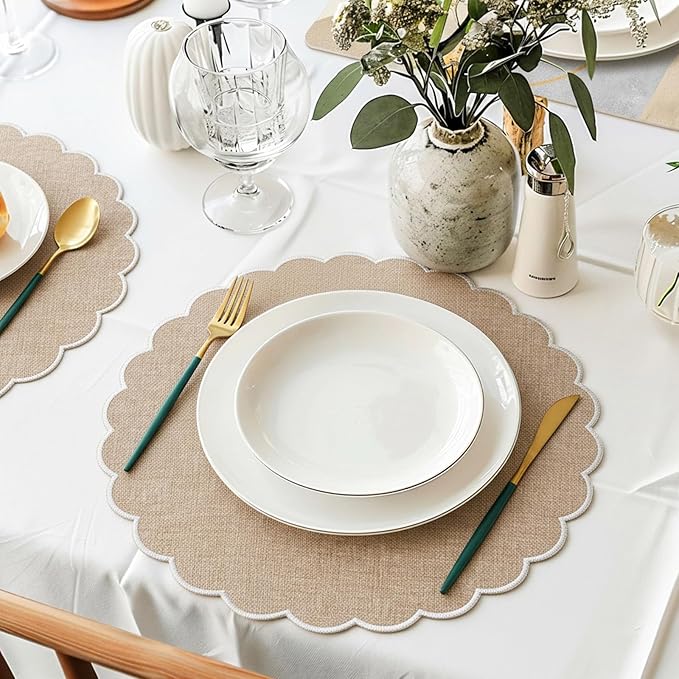 Set of 12 Beige Cotton Placemats 15 Inch Round Scalloped Embroidery Placemats Washable Double Layered Rustic Table Mat Fabric Napkins for Wedding Table Decor