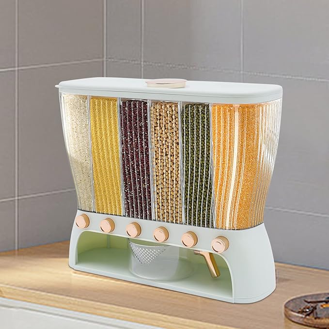 6 Grids Grain Dispenser Can, Cereal Rice & Grain Storage Container Multigrain Tank Rice Dispenser Dry Food Grain Dispenser with Measuring Cup for Grains Rice Dry Food Beans (22.05Lbs Light Green)