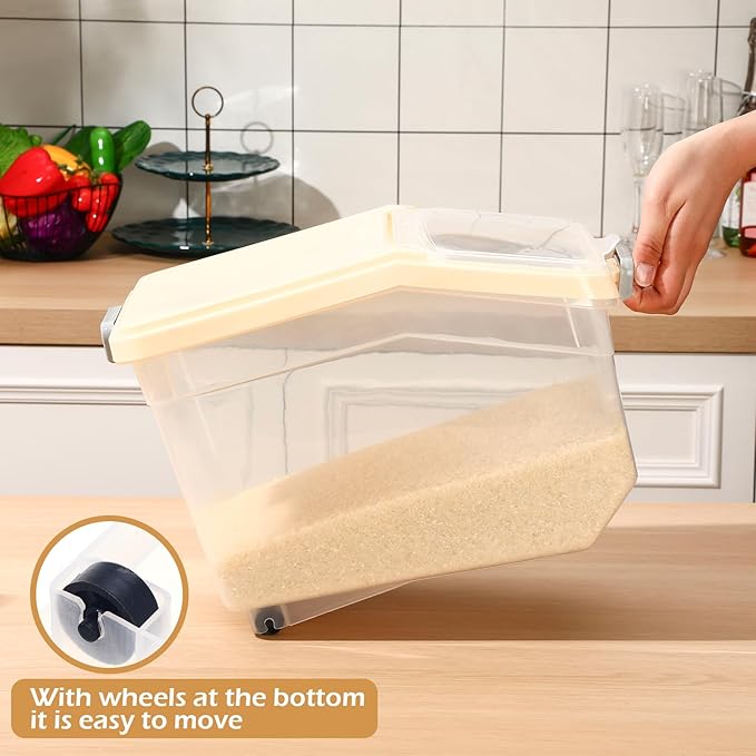 Sunnyray 4 Pcs Rice Storage Containers Bulk Flour Sugar Container Wheels Measuring Cups Set Airtight Pet Dog Cat Birds Food Bin Grain Cereal Organizer Box for Dry Baking(Beige,28 lb)