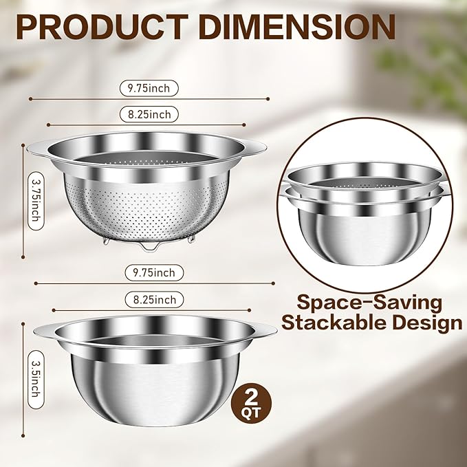 Stainless Steel Strainer with Mixing Bowl, Rice Washer, Colander for Kitchen, Rice Strainer, Fruit and Vegetable Wash, Microporous Colander, Fruit Cleaner Bowl, Dishwasher Safe