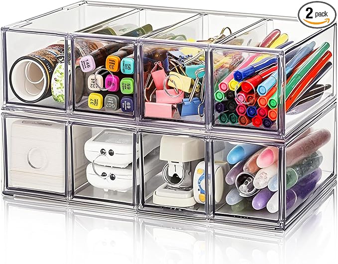 2 Pack Acrylic Storage Drawer Organizer, Dustproof Pen and Marker Storage Organizer for Desk, Clear Makeup Drawer Organizers with 8 Drawers for Art Crafts, Marker, Countertop