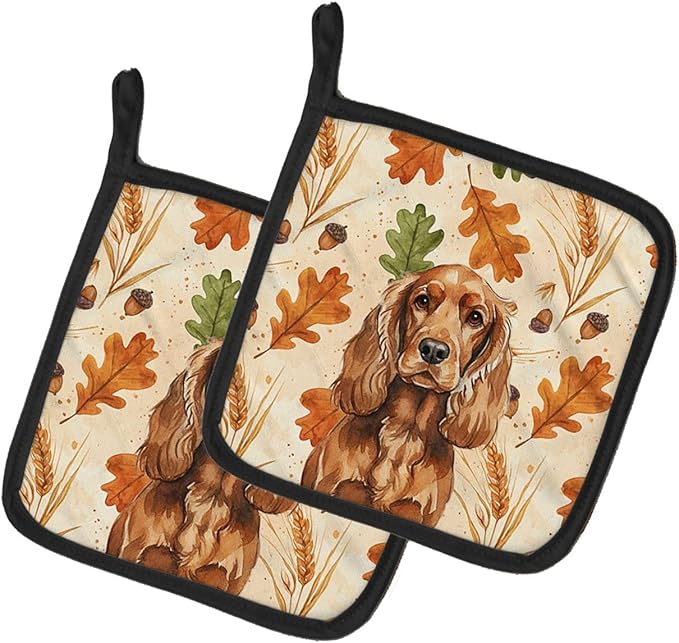 Caroline's Treasures Red English Cocker Spaniel Heirloom Fall Pair of Pot Holders Pair 7.5x7.5 Quilted Insulated Hot Pads Decorative Kitchen Gift Made in USA