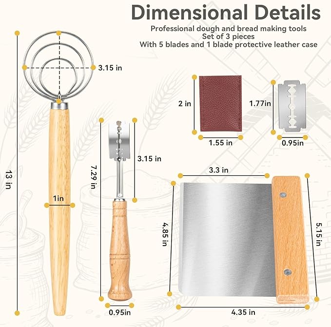 Danish Dough Whisk - Bread Whisk Set of 3 pieces, Bread Making Tools and Supplies, Danish Sourdough Whisks, Dutch Whisks for Dough, With Dough Scraper Sourdough Cutter, Lame Doughs Scoring Tool Blades