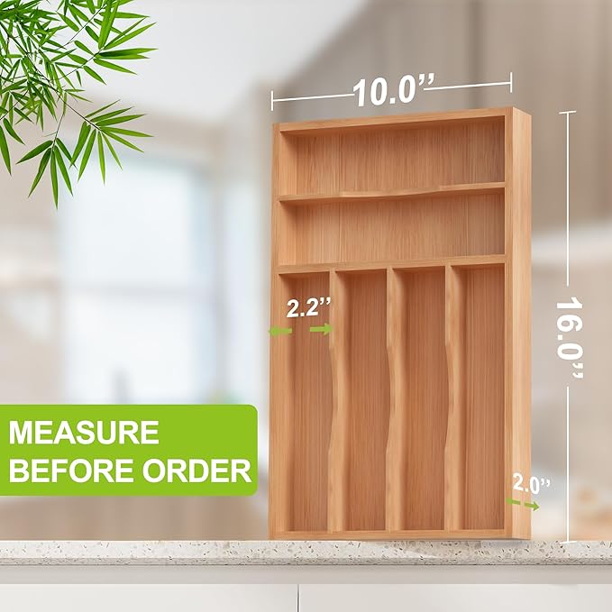 Unibambou Bamboo Utensil Drawer Organizer with Removable Dividers, Kitchen Organizer for Flatware Cutlery, Silverware Tray for Drawer (6/5 Flexible Slots, Natural)