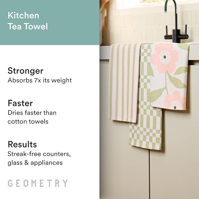 GEOMETRY Tea Towels – Spring & Summer Collection – Quick-Dry, Ultra-Absorbent, Reusable Microfiber Kitchen Towels for Drying & Cleaning - Meadowlight - 3 Pack