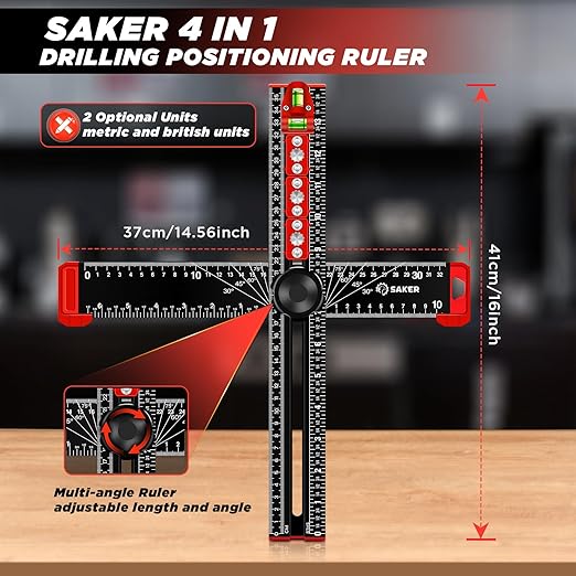 Saker 4-in-1 Drilling Positioning Ruler, Adjustable 13.78in Multifunctional T Square Ruler, Cabinet Hardware Jig, Marking Gauge Tools for Woodworking, Cabinet Drawer Door Hole Drilling Template