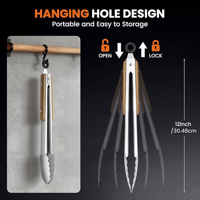 12-Inch Stainless Steel Kitchen Tongs for Cooking,Locking Metal Tongs with Oak Wood Handles,Cooking Tongs for Grilling,BBQ,Serving and Outdoor Barbecue,Heavy Duty,Heat-Resistant and Durable