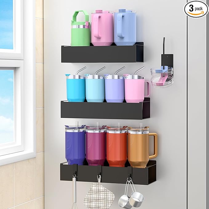 HuggieGems Metal Magnetic Water Bottle Holder for Refrigerator, Cup Holder Organizer for Stanley and Tumbler for Kitchen, 3 Pack, Jet Black