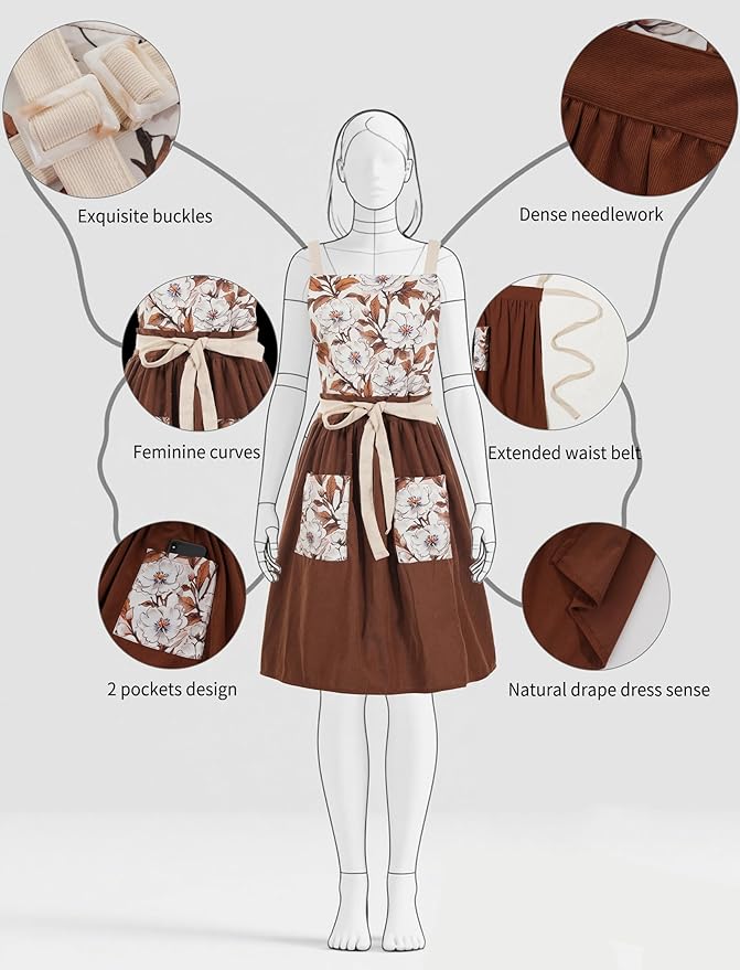 Pinknoke Vintage Pinafore Apron Dress for Women with Pockets Cute Floral Chef Aprons for Kitchen Cooking Baking Gardening
