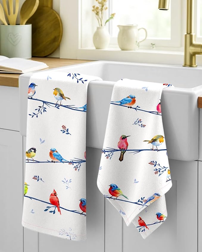 Miss Adola Flour Sack Kitchen Towels Set of 2-18x26 Cotton Dish Towels with Hanging Loop Reusable Tea Towel for Cleaning Spring Absorbent Dishcloths Cute Home Decor Housewarming, Watercolor Bird