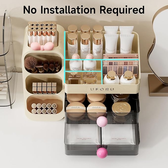 Makeup Organizer for Vanity with Brush Holder, Large Plastic Bathroom Countertop Skincare Organizer with 2 Drawers, Spacious Cosmetic Display Case for Perfumes, Eyeshadow Palettes, Nail Polishes