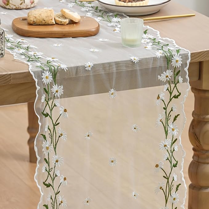Artoid Mode Daisy Floral Milky White Shaped Gauze Embroidery Table Runner 120 Inch 10FT, Tulle Spring Summer Kitchen Dining Table Decor for Home Party