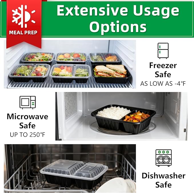 Meal Prep Containers 2 Compartment 50 Pack, 28 oz Divided Reusable Food Storage Containers with Lids Takeout Food Storage Black, Microwave Dishwasher Freezer Safe, Stackable, BPA Free