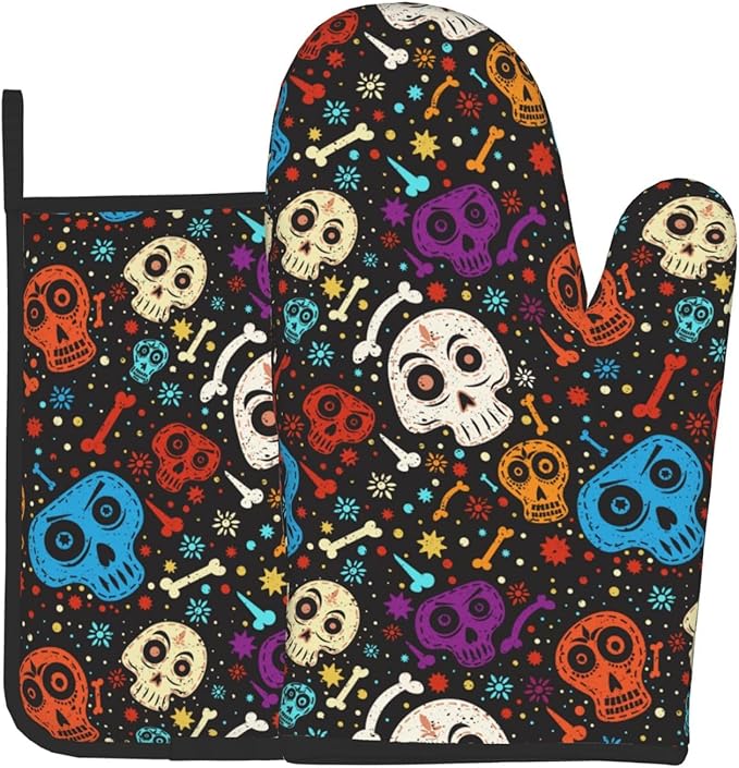 Skull and Floral Oven Mitts and Pot Holders Heat Resistant Oven Mitts Safe for Baking Cooking BBQ