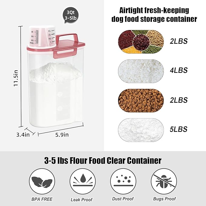 LEAWALK Airtight 3.5LBS Rice/Cereal/Dry Food Storage Container BPA Free, 2.11Qt Clear Plastic Kitchen and Pantry Organization Bin Suitable for Oats, Flour, Sugar, Pasta, Pet Food, etc (Clear Pink)