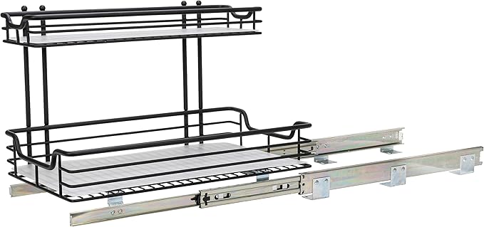 Household Essentials Glidez Powder-Coated Steel 2-Tier Pull-Out/Slide-Out Storage Organizer with Plastic Liners, 12.25" Wide, Black