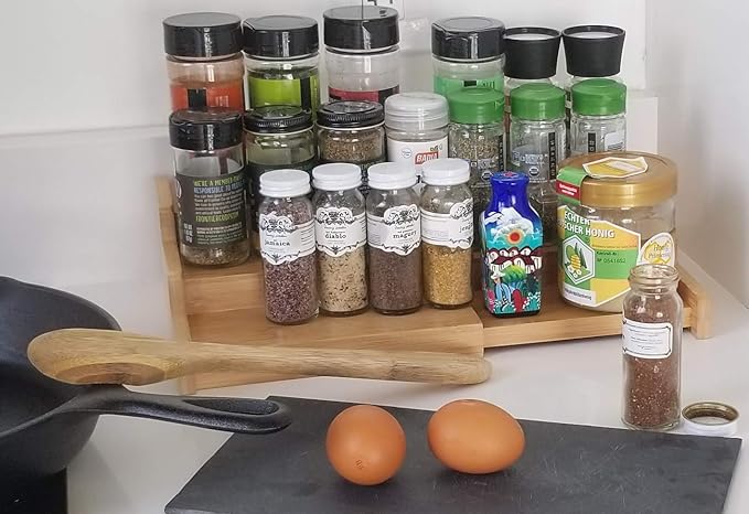 Lustiger Chef Spice Rack Organizer for Cabinet, Expandable Natural Bamboo Desk Shelf, 3-Tier Adjustable Spice Rack, Storage and Seasoning Shelf Organizer for Kitchen Countertop Pantry Tabel