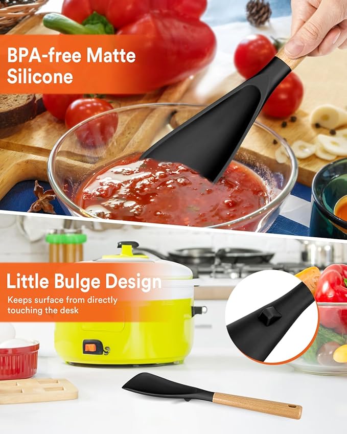 Cooking Spoon for Nonstick Cookwares, Great for Cooking and Serving Sturdy BPA-Free Matte Silicone, Wood Handle Spoon for Mixing, Scoop, and Scrape (2 Pack of Black, 13.4 inch)