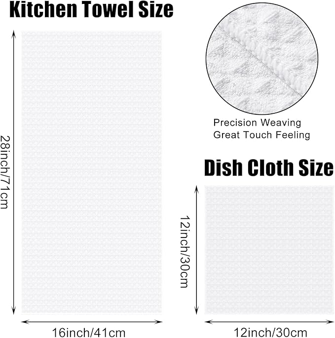 Homaxy Microfiber Waffle Weave Kitchen Towels Set, 16 x 28 Inch and 12 x 12 Inch Ultra Absorbent and Solid Color Dish Towels, 8 Pack, White