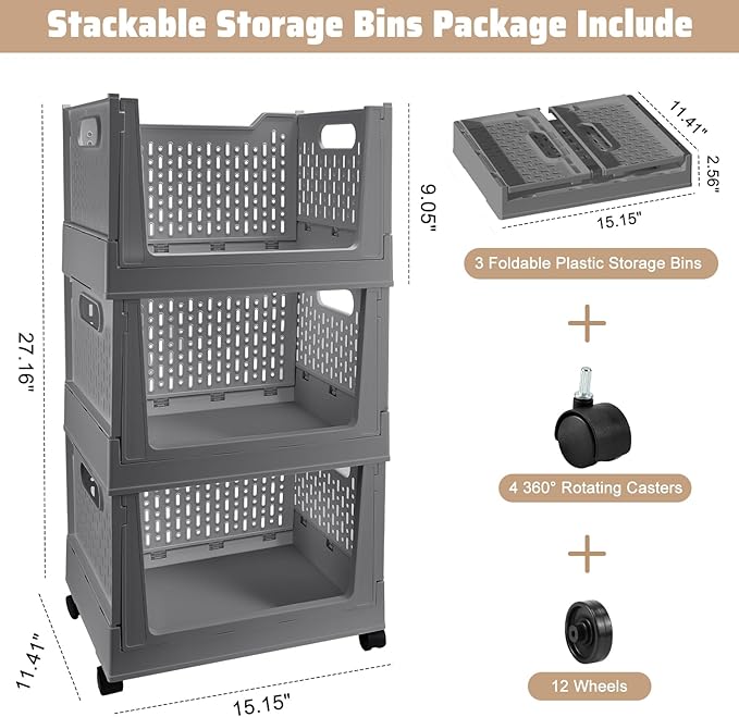 Stackable Plastic Storage Bins, 3 Pack Foldable Closet Organizers and Storage Basket with Wheels, Collapsible Drawer Shelf Storage Box Container for Office Bedroom Closet Wardrobe Kitchen Bathroom