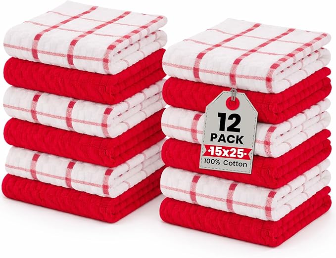 GOLD TEXTILES Kitchen Towels 12 Pack Premium 100% Cotton Dish Towels for Kitchen (15 x 25 Inches) Super Soft & Absorbent Kitchen Hand Towels for Drying Dishes, Cleaning - Reusable and Washable (Red)