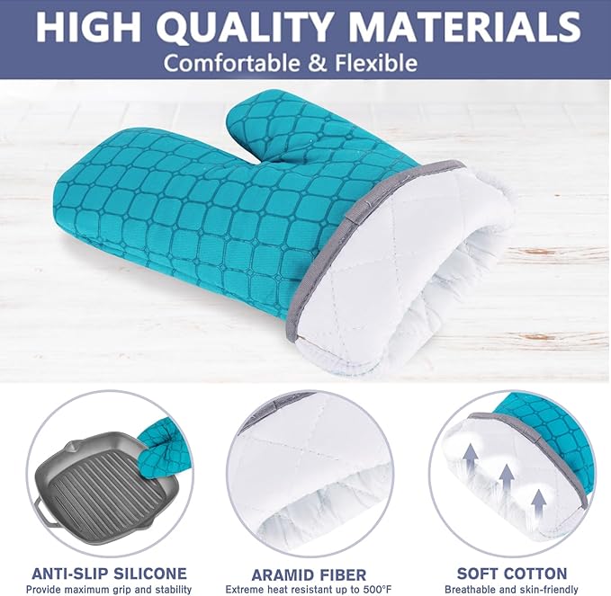 6 Pcs Oven Mitts and Pot Holders, 500℉ Heat Resistant Oven Mitts with Kitchen Towels Soft Cotton Lining and Non-Slip Silicone Surface Safe for Baking, Cooking, BBQ (Lake Blue)