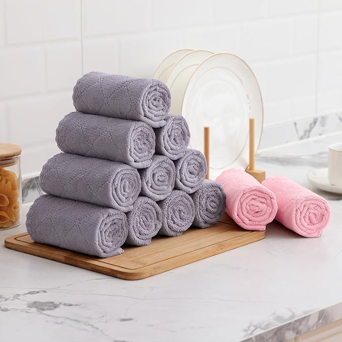 Mordimy 12 Pack Kitchen Cloths Dish Towels (10" x 10", Grey & Pink), Super Soft and Absorbent Dish Cloths, Coral Velvet Microfiber Cleaning Cloth, Nonstick Oil Fast Dry Dishcloths