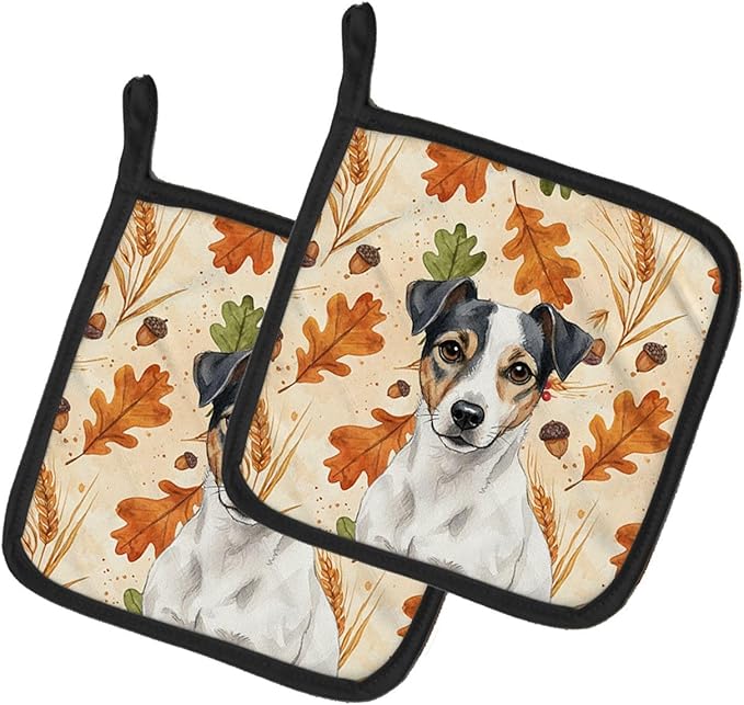 Caroline's Treasures White and Black Jack Russell Terrier Heirloom Fall Pair of Pot Holders Pair 7.5x7.5 Quilted Insulated Hot Pads Decorative Kitchen Gift Made in USA
