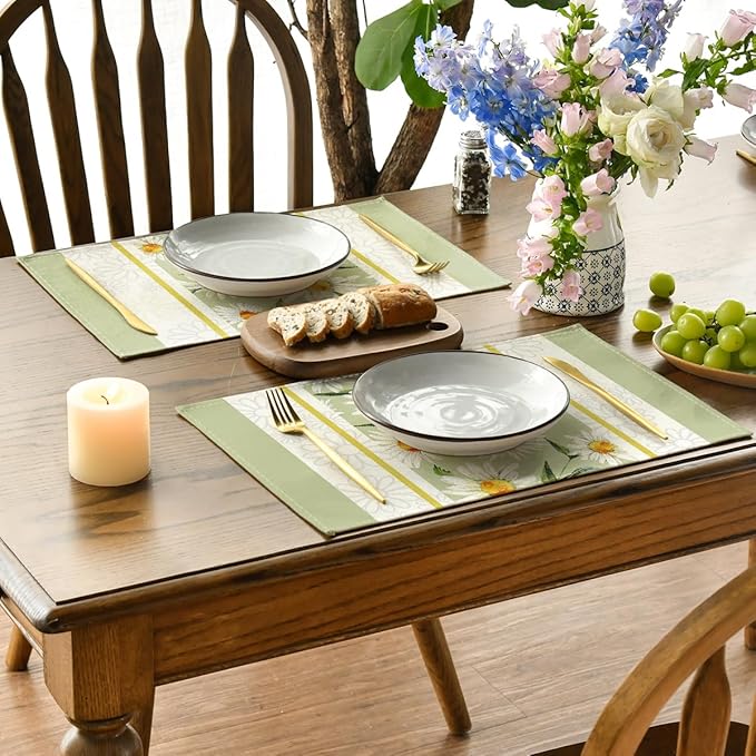Artoid Mode Eucalyptus Leaves Daisy Vase Placemats for Dining Table, 12 x 18 Inch Spring Easter Summer Seasonal Holiday Decoration Rustic Vintage Washable Table Mats Set of 4 Green