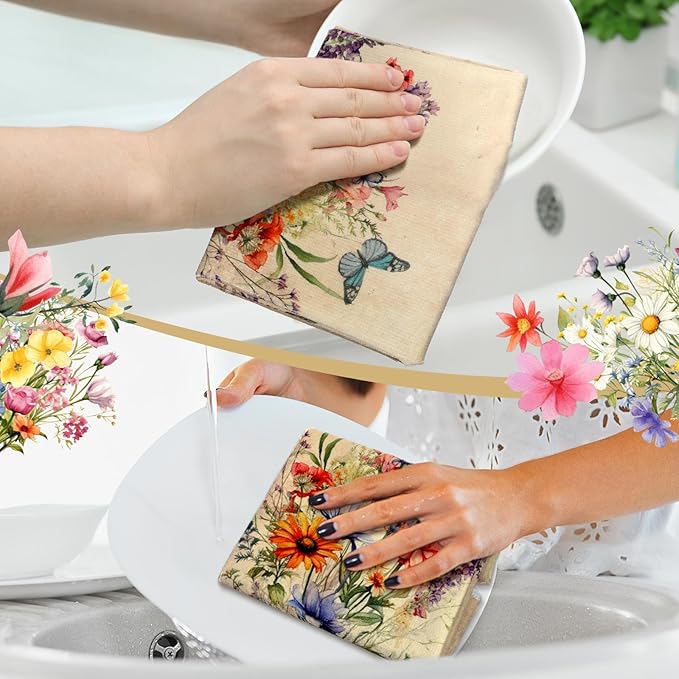 Bencailor 6 Pcs Wildflowers Kitchen Towels Decorative Sets Dish Towels Absorbent Fast Drying Hand Tea Vintage Hanging Reusable Cleaning Dishcloths for Cooking Farmhouse Bathroom Accessory