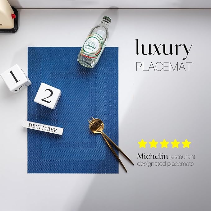 LEXMORE PlaceMats Set of 12 Vinyl/Plastic Woven Place Mats for Kitchen Table Indoor/Outdoor Washable PlaceMat Wipeable Dining Table Mats(Navy Cube)