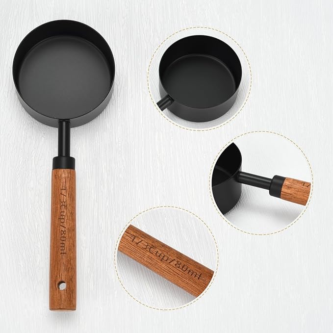 Black Measuring Cups and Spoons Set, Measuring Spoons and Measuring Cup Set for Cooking & Baking with Wood Handle
