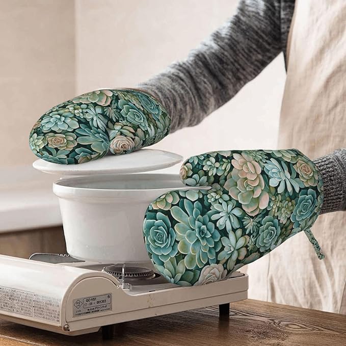 Succulents Silicone Oven Mitts Set of 2, Heat Resistant up to 500°F, Kitchen Oven Gloves with Non-Slip Grip and Soft Cotton Lining for Baking, Cooking and BBQ