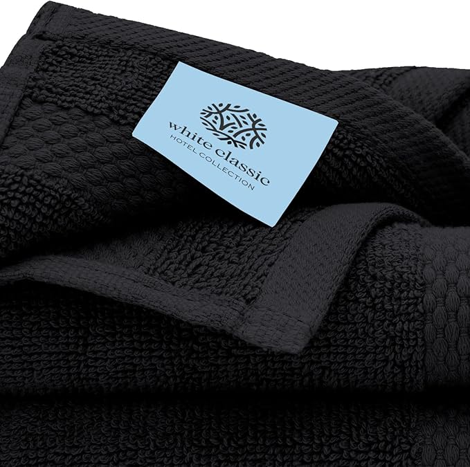 White Classic Luxury Bath Towel Set of 8 Pieces - 100% Turkish Cotton Highly Absorbent Towels for Bathroom, 2 Luxury Bath Towels 700GSM, 2 Hand Towels, 4 Washcloths, Black