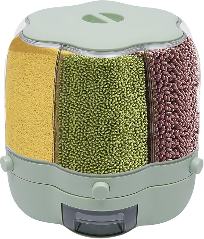 360° Rotating Grain Dispenser With 6 Grids, 13.2lbs Large Capacity Grain Dispenser Rotating Kitchen Storage Containers With Sealed Lid For Peanut Barley Millet And Cereal (Matcha green, 17.6 lbs)