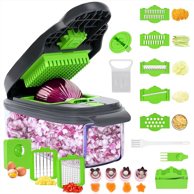 Veggie Chopper 13 in1 Onion Chopper ·Vegetable Chopper with Container · Salad Chopper · Potato cutter – Gift for Home Cooks & Home Essentials (Grey & Green)