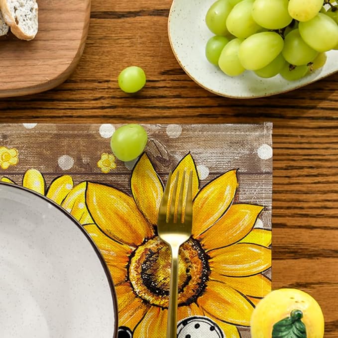 Artoid Mode Wood Sunflower Bee Flower Polka Dot Summer Placemats Set of 4, 12x18 Inch Table Mats for Table Runner Party Kitchen Dining Decoration