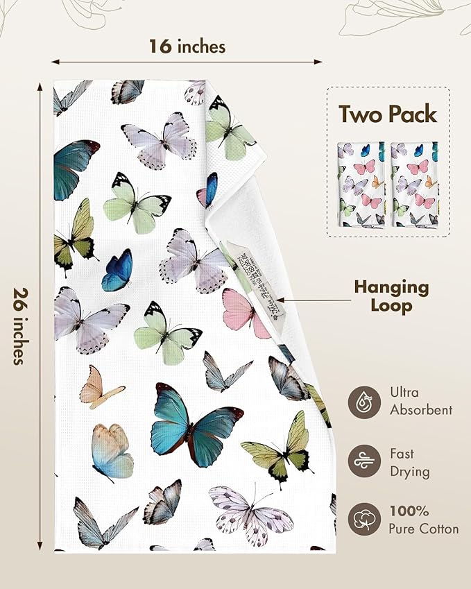 Miss Adola 2pcs Waffle Kitchen Towels - 16x26 Inch Cotton Waffle Weave Dish Cloths Set of 2 with Hanging Loop Absorbent Hand Tea Towels Whimsical Design for Housewarming Gift, Morpho Butterfly