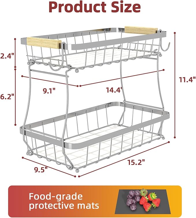 Sevenblue 2 Tier Large Fruit Basket for Kitchen Counter with 2 Mobile Banana Hangers, 2026 Pro Detachable Metal Fruit Bowl with Wooden Handle (Silver, 2 Tier Extra Large)