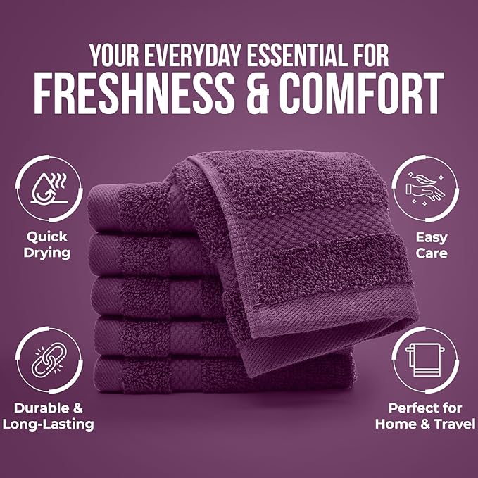 DAN RIVER 12-Pack Premium 100% Cotton Purple Passion Face Towels for Bathroom - Reusable Face Wash Cloths for Showering 12 X 12 Inches - 550 GSM Super Soft & Absorbent Luxury WashCloths for Body & Spa